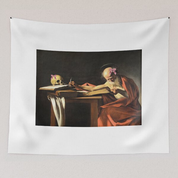 Item preview, Coquette Saint Jerome Writing - Caravaggio Art Parody with Pink Bows designed and sold by Open Canvas.