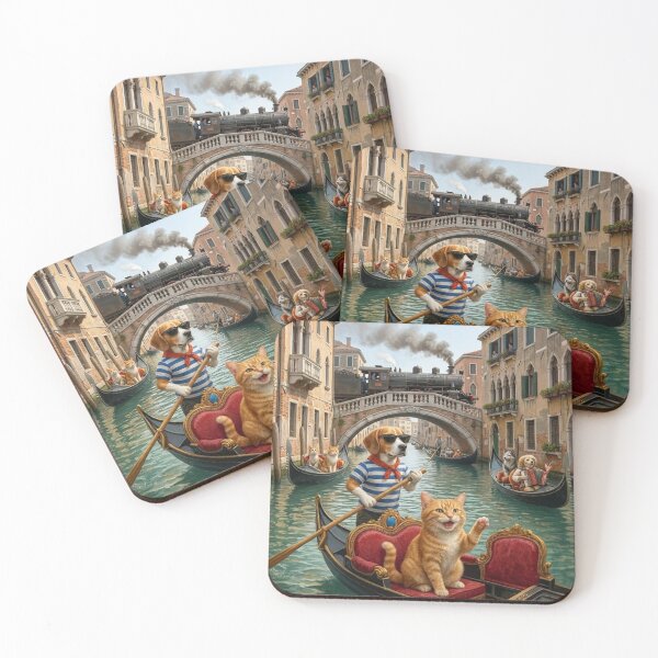 Item preview, Whimsical Venice Gondola Animals – Beagle Gondolier with Waving Cat designed and sold by VauxelleArt.