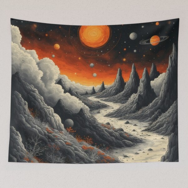 Item preview, Extraterrestrial mountain range beneath cosmic celestial bodies designed and sold by Mianku | Für das Leben.