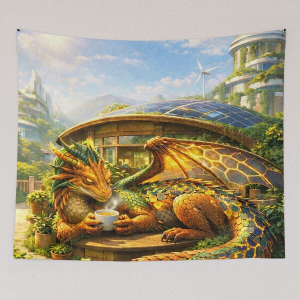 Item preview, Cozy Tea Dragon – Solarpunk Fantasy Teahouse Art designed and sold by EpicDragons-.