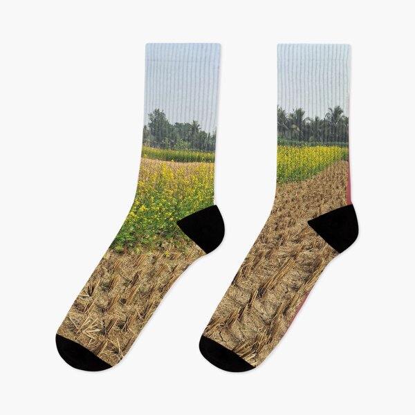 Item preview, Golden Mustard Flower Field and Green Paddy Farm – Original Photograph Countryside Landscape designed and sold by AwesomeDigiShop.