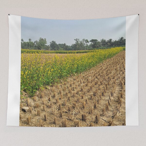 Item preview, Golden Mustard Flower Field and Green Paddy Farm – Original Photograph Countryside Landscape designed and sold by AwesomeDigiShop.