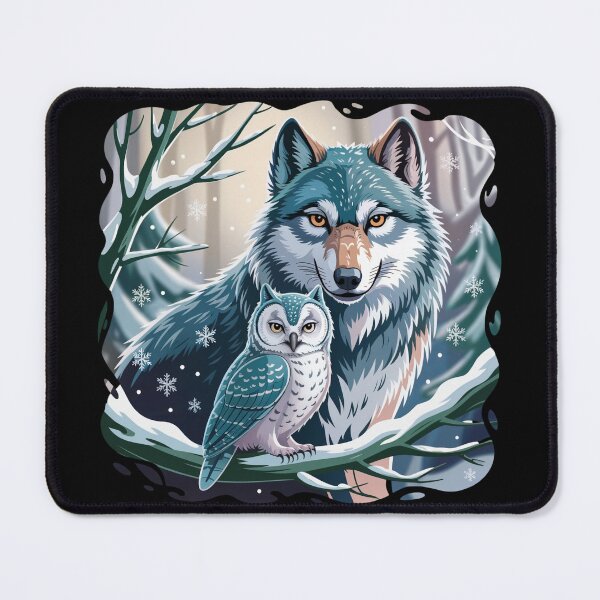 Item preview, Winter Guardians – Owl and Wolf in a Serene Forest Illustration designed and sold by SoftStyleStudio ⭐⭐⭐.