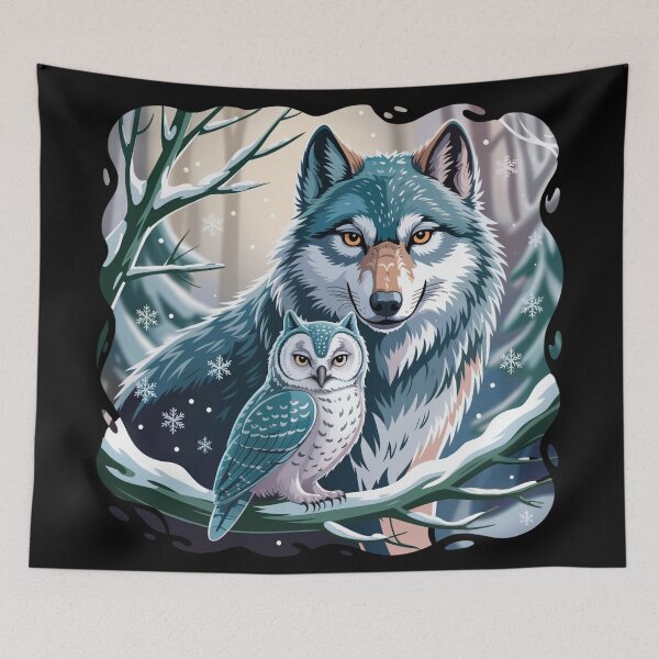 Item preview, Winter Guardians – Owl and Wolf in a Serene Forest Illustration designed and sold by SoftStyleStudio ⭐⭐⭐.