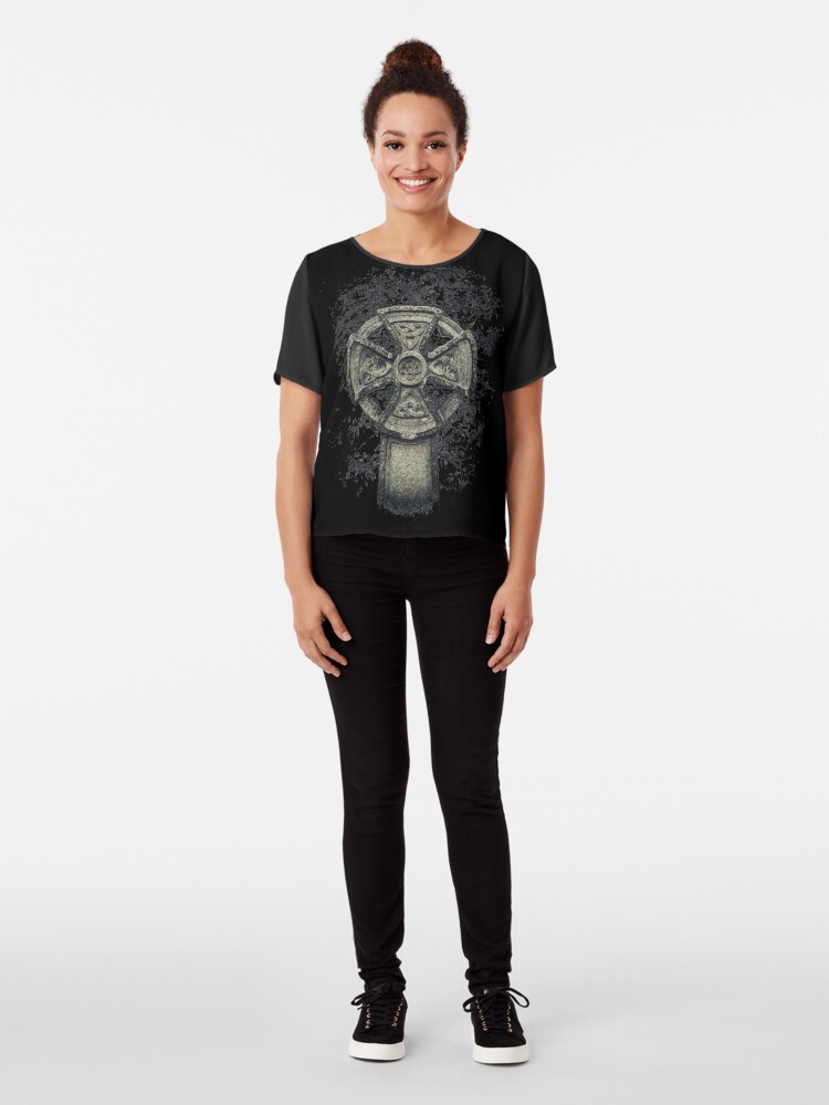 Alternate view of Celtic Cross Graveyard Cemetery Viking Knot Traditional Manx Design Chiffon Top
