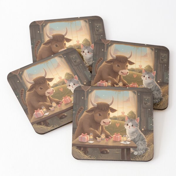 Item preview, Valentine’s Ox & Cat Couple • Whimsical Countryside Heart Prep Art designed and sold by WildlifeWhimsy.