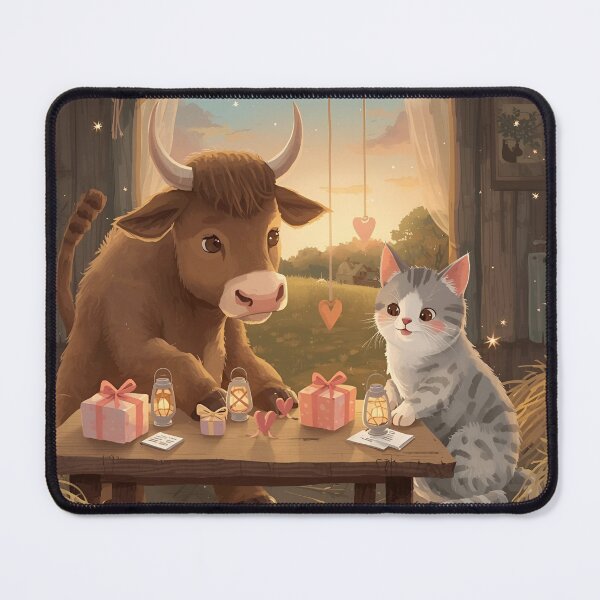 Item preview, Valentine’s Ox & Cat Couple • Whimsical Countryside Heart Prep Art designed and sold by WildlifeWhimsy.