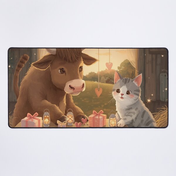 Item preview, Valentine’s Ox & Cat Couple • Whimsical Countryside Heart Prep Art designed and sold by WildlifeWhimsy.