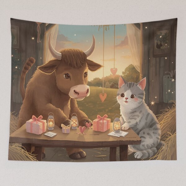 Item preview, Valentine’s Ox & Cat Couple • Whimsical Countryside Heart Prep Art designed and sold by WildlifeWhimsy.
