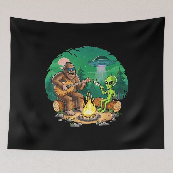 Item preview, Funny Alien And Big Foot Campfire Moon Adventure Hiking designed and sold by reeneregen.