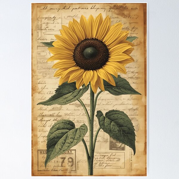 Item preview, Vintage Sunflower Botanical Illustration on Antique Script designed and sold by LakLuxe studio .