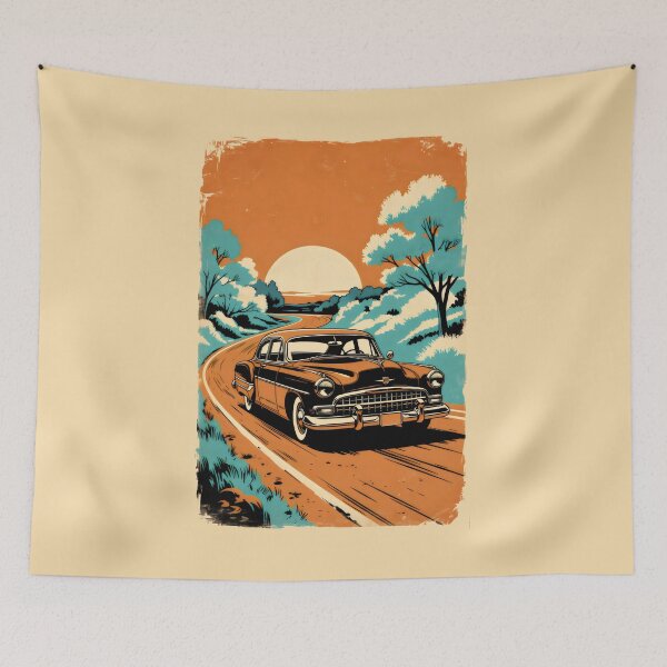 Item preview, Retro Road Trip Sunset – Vintage Car on Scenic Winding Route designed and sold by SplashTastic.