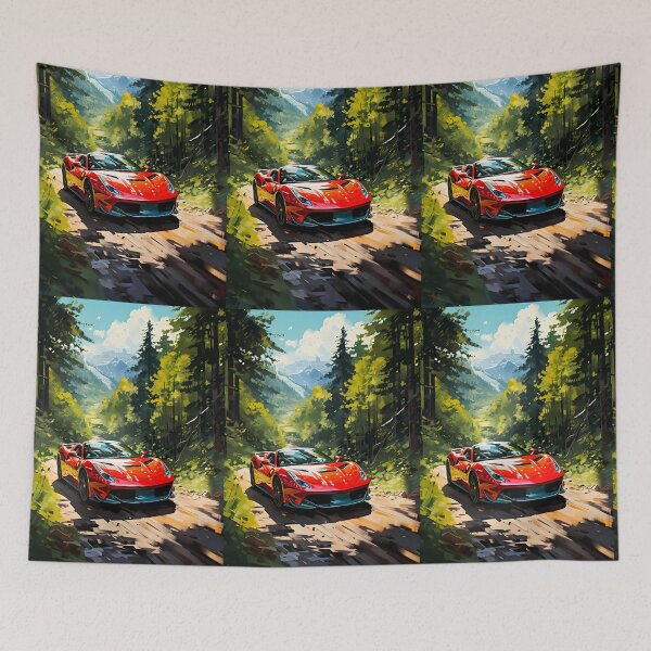 Item preview, Scarlet V12 roadster carving through sunlit forest track designed and sold by RevUpDesign.