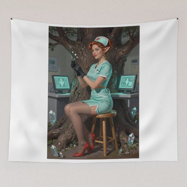 Item preview, Red-haired elf nurse in teal uniform designed and sold by CathryneDelamort.