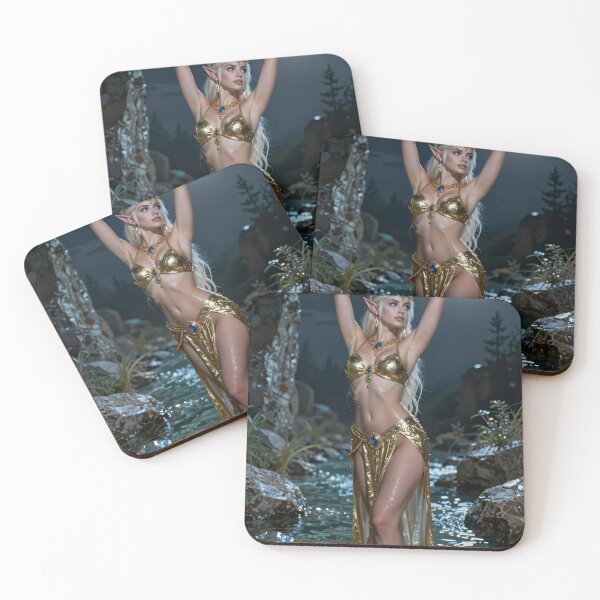 Item preview, Elven woman in golden attire stands in stream designed and sold by CathryneDelamort.