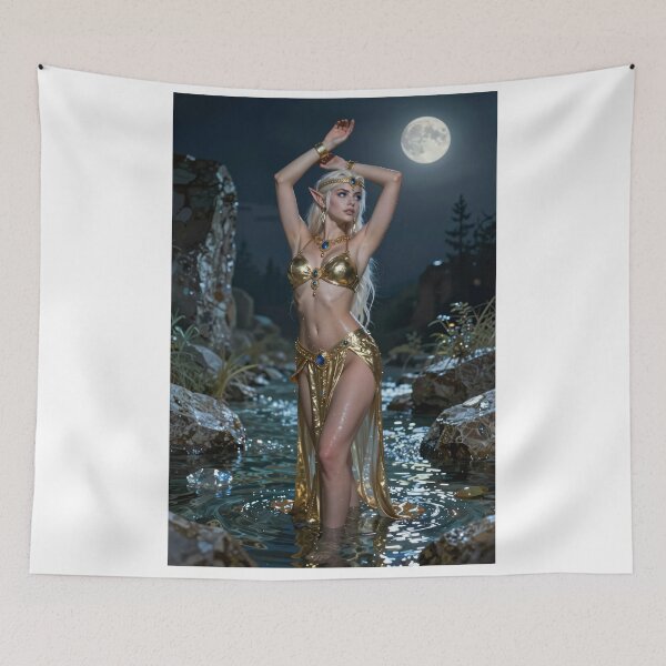 Item preview, Elven woman in golden attire stands in stream designed and sold by CathryneDelamort.