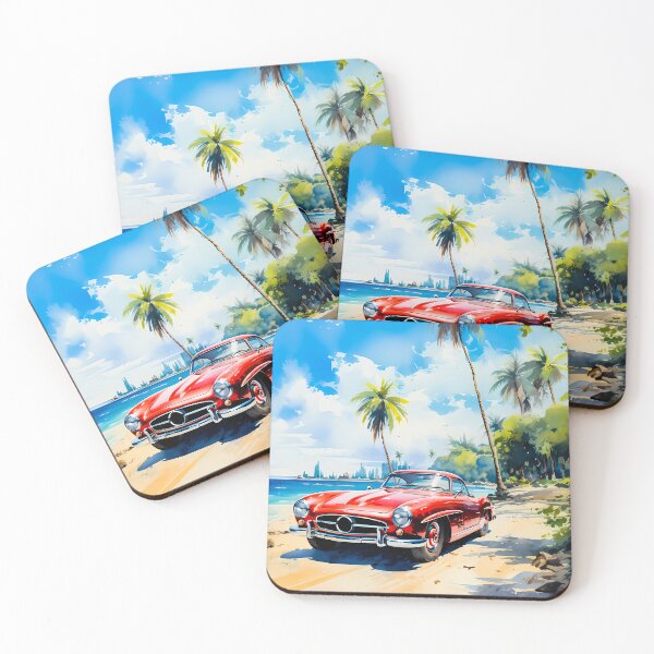 Item preview, Oldtimer cabriolet framed by tall coconut palms and blue sky designed and sold by RevUpDesign.