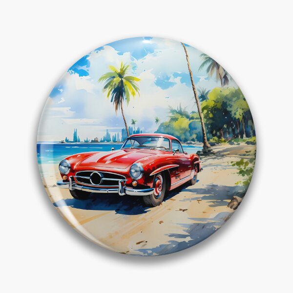 Artikelvorschau, Ein Oldtimer-Cabriolet, eingerahmt von hohen Kokospalmen und blauem Himmel entworfen und verkauft von RevUpDesign.