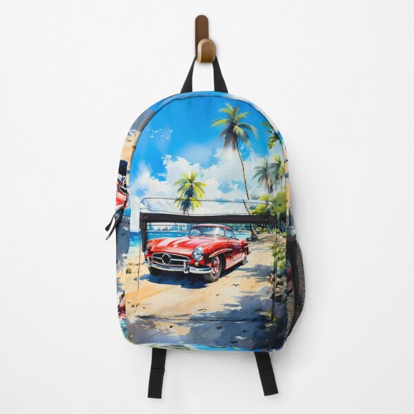 Item preview, Oldtimer cabriolet framed by tall coconut palms and blue sky designed and sold by RevUpDesign.