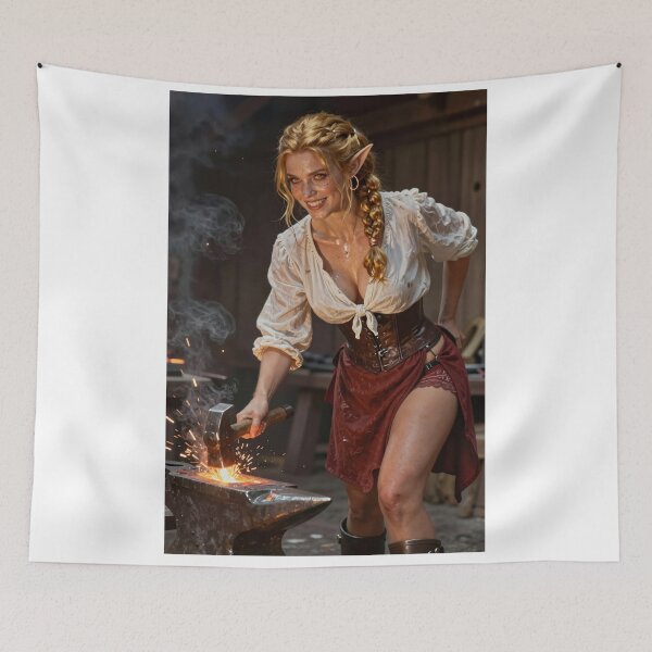 Item preview, Elf woman forging metal with hammer and anvil designed and sold by CathryneDelamort.