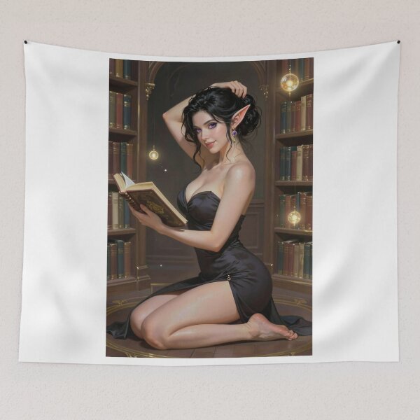 Item preview, Elven woman in black dress reading book in library designed and sold by CathryneDelamort.