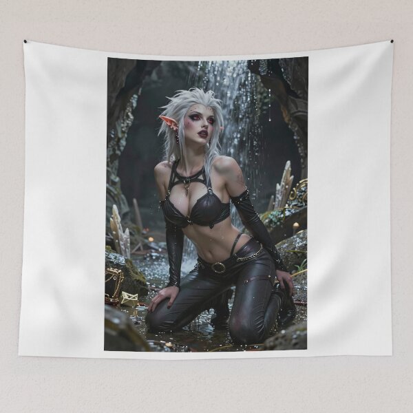 Item preview, Silver elf with red eyes kneels by waterfall designed and sold by CathryneDelamort.