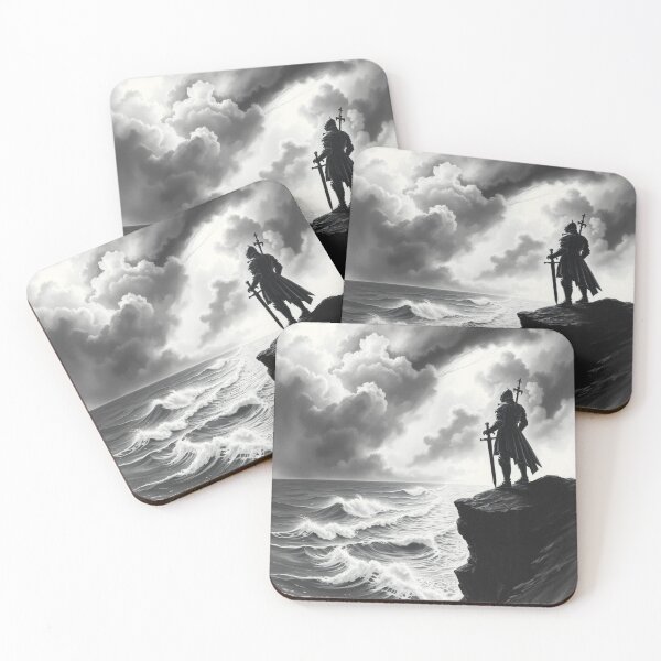 Item preview, Knight Silhouette on Cliff Stormy Sea Black and White Fantasy Art designed and sold by EllDAV777.