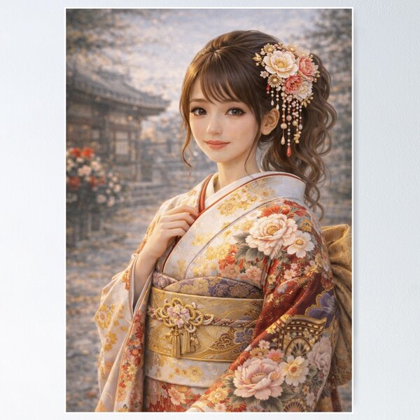 Item preview, Golden Elegance – Woman in Luxurious Furisode designed and sold by SEIMEI2025.