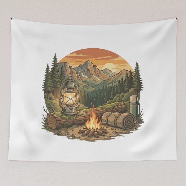 Item preview, Vintage Camping Lantern Campfire Mountain Scene Illustration designed and sold by EverBranz-stor.