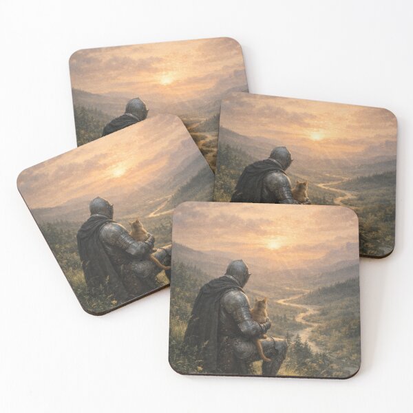Item preview, Medieval Knight Holding a Cat at Sunset – Fantasy Landscape Illustration designed and sold by Visualynx.