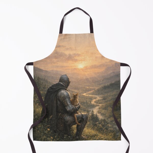 Item preview, Medieval Knight Holding a Cat at Sunset – Fantasy Landscape Illustration designed and sold by Visualynx.