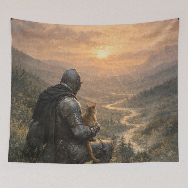 Item preview, Medieval Knight Holding a Cat at Sunset – Fantasy Landscape Illustration designed and sold by Visualynx.