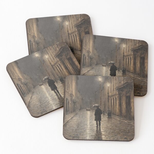 Item preview, Man Walking Alone in Rainy Street – Atmospheric Oil Painting Art designed and sold by Visualynx.
