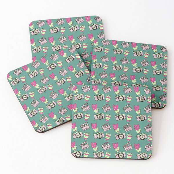 Item preview, Coffee and vintage camera, green and pink theater mask designed and sold by Pretty Candy Cove.