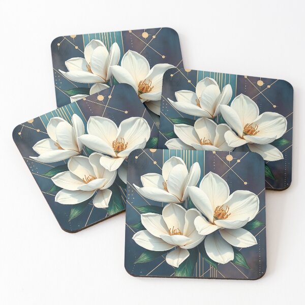 Item preview, White Magnolia Flowers, Abstract Navy Blue & Gold artwork designed and sold by SolaoLab.
