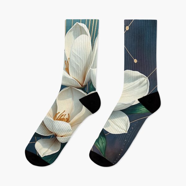Item preview, White Magnolia Flowers, Abstract Navy Blue & Gold artwork designed and sold by SolaoLab.