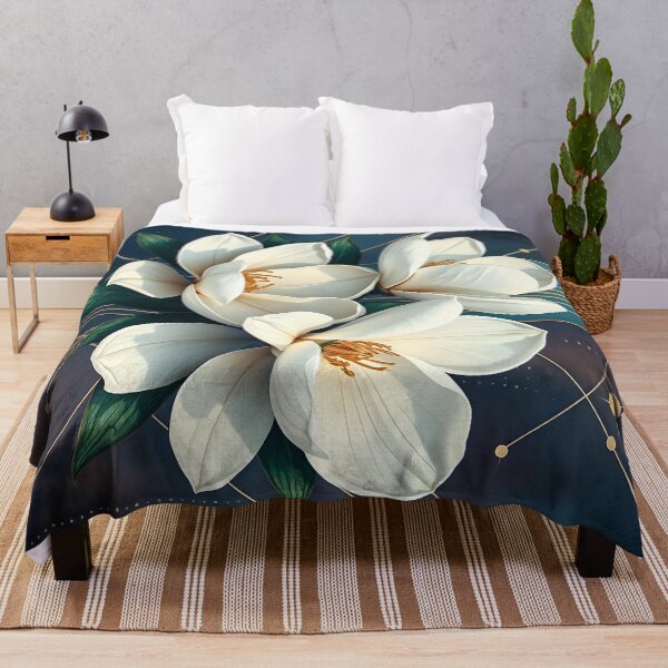 Item preview, White Magnolia Flowers, Abstract Navy Blue & Gold artwork designed and sold by SolaoLab.