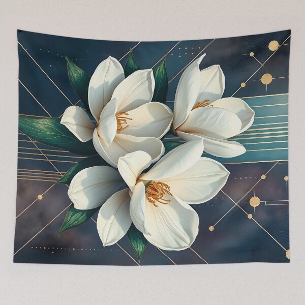 Item preview, White Magnolia Flowers, Abstract Navy Blue & Gold artwork designed and sold by SolaoLab.