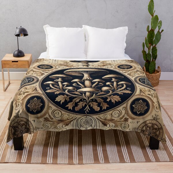 Item preview, Vintage Occult Mushroom Illustration in Navy & Gold Ornate Frame designed and sold by ArtDesignRemix.