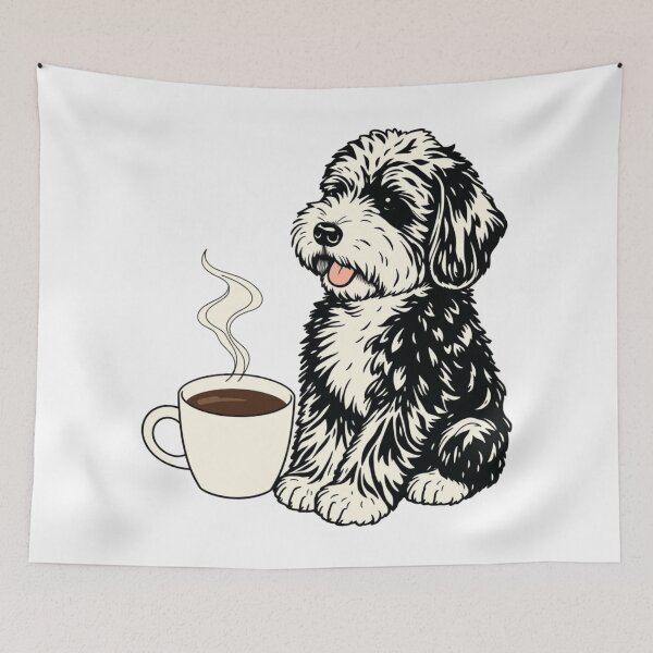 Item preview, Simple Joy – Bernedoodle with Coffee Cup Line Drawing designed and sold by HappySproutArt.