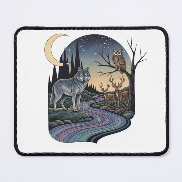 Item preview, Mystical Wolf and Forest Guardians - Celestial Moon & Rainbow River Vintage Art designed and sold by RectifyFashions.