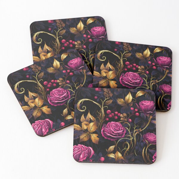 Item preview, Luxurious Seamless Floral Pattern with Magenta Roses and Golden Foliage on Black Background designed and sold by CharlieDesings.