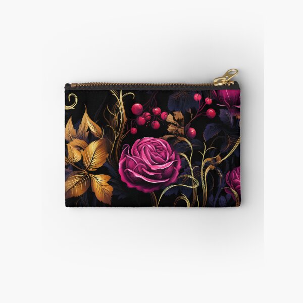 Item preview, Luxurious Seamless Floral Pattern with Magenta Roses and Golden Foliage on Black Background designed and sold by CharlieDesings.