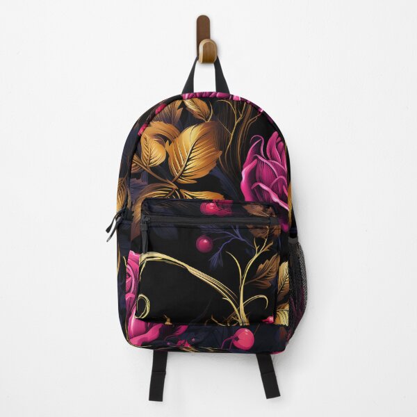 Item preview, Luxurious Seamless Floral Pattern with Magenta Roses and Golden Foliage on Black Background designed and sold by CharlieDesings.