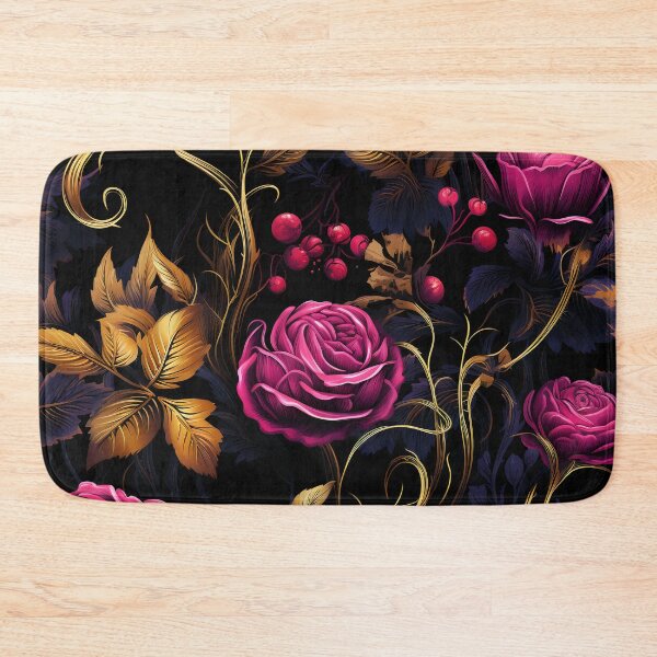 Item preview, Luxurious Seamless Floral Pattern with Magenta Roses and Golden Foliage on Black Background designed and sold by CharlieDesings.