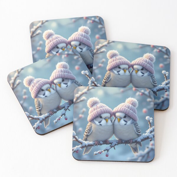 Item preview, Cute budgies wearing bobble hats on a branch designed and sold by MarionsArt.