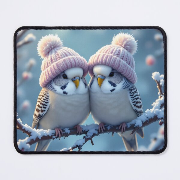 Item preview, Cute budgies wearing bobble hats on a branch designed and sold by MarionsArt.