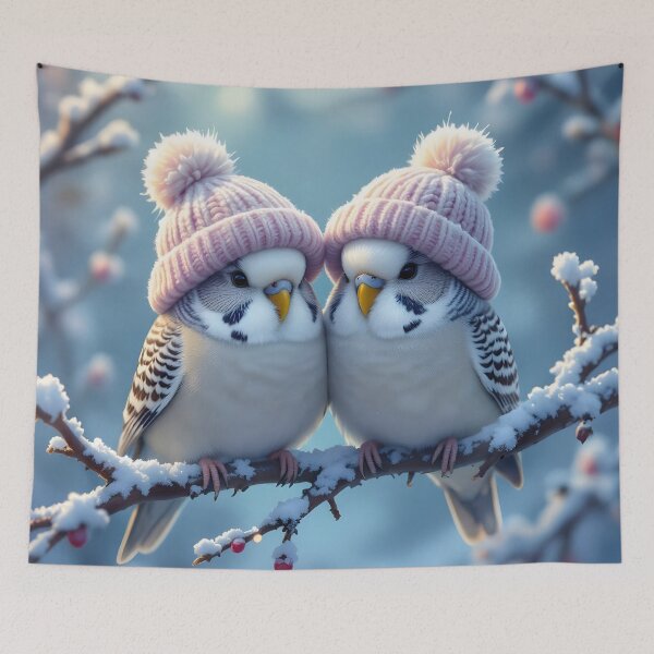 Item preview, Cute budgies wearing bobble hats on a branch designed and sold by MarionsArt.