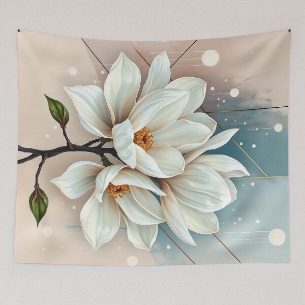 Item preview, White Magnolia Flowers, Abstract Dusty Blue & Blush Pink artwork designed and sold by SolaoLab.
