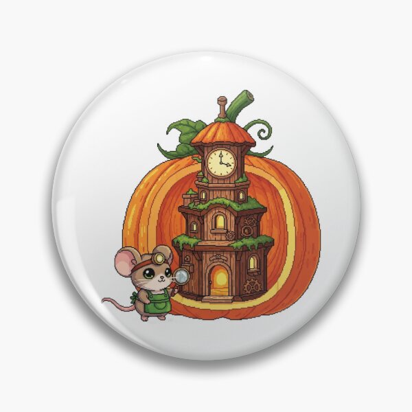 Item preview, Pumpkin Clock Tower Pixel Art - Kawaii Mouse Watchmaker in Whimsical Cottagecore Scene - Fantasy Sticker designed and sold by Pixel Girl Aesthetic Studio.